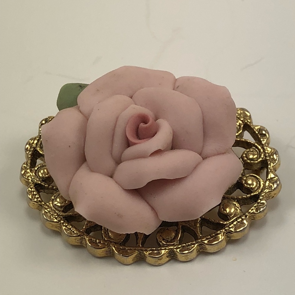 Pink Ceramic Rose Brooch With Gold Filigree Plate
